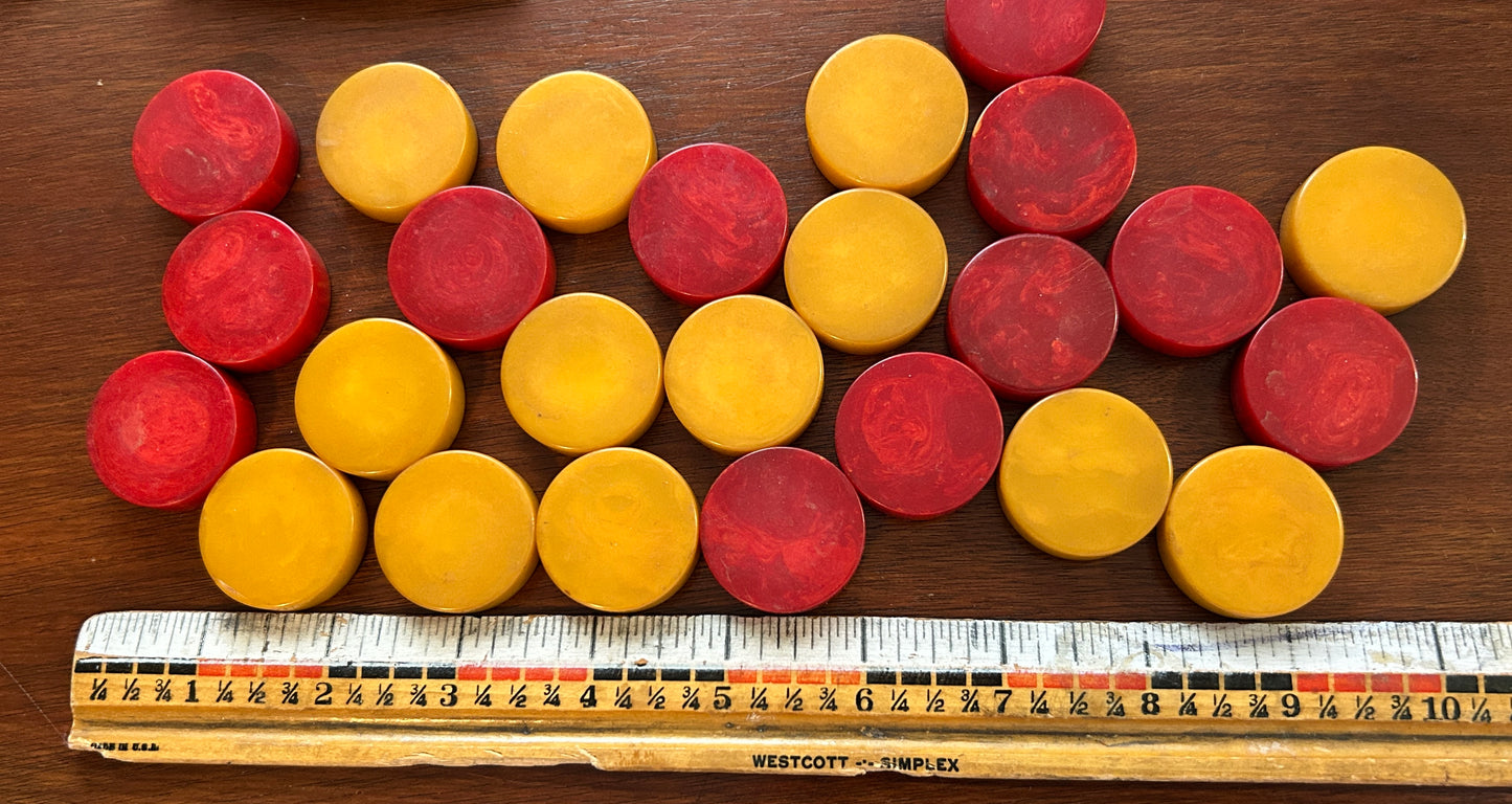 Lot of 25 Vintage Bakelite Butterscotch and Red Swirl Backgammon Discs Playing Pieces