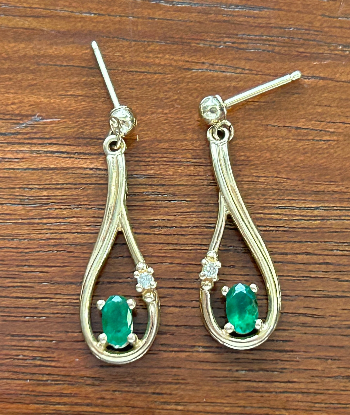 14k Yellow Gold Diamond Oval Emerald Drop Dangly Pierced Earrings