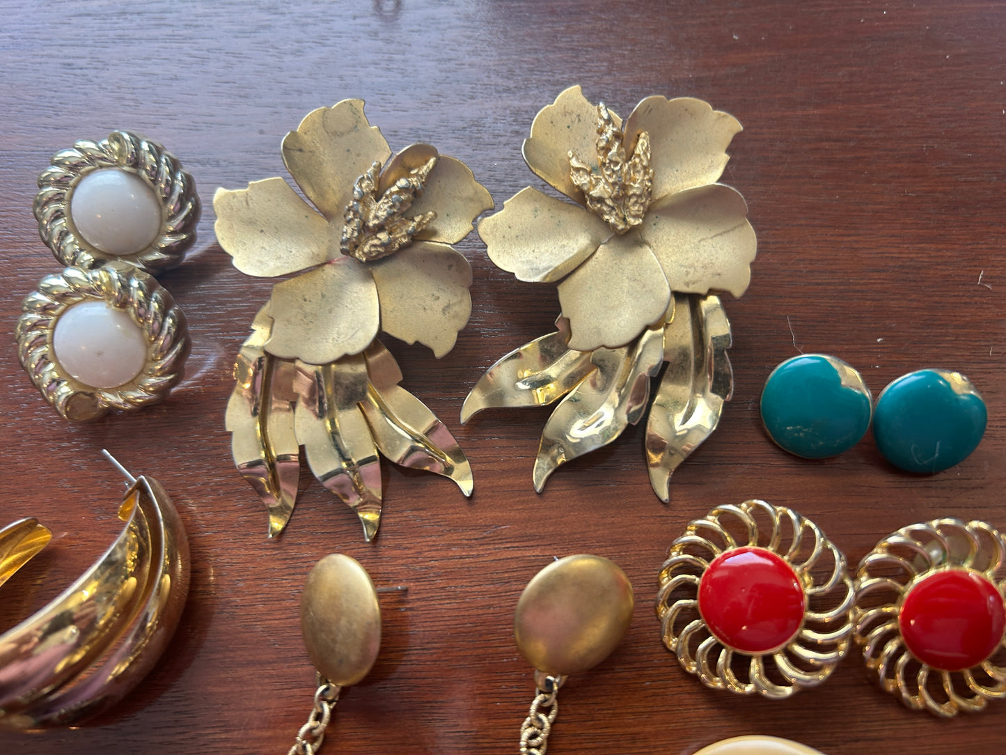Vintage 80's Pierced Earring Lot Dangly Runway Pearl Cluster Swirl Enamel Gold