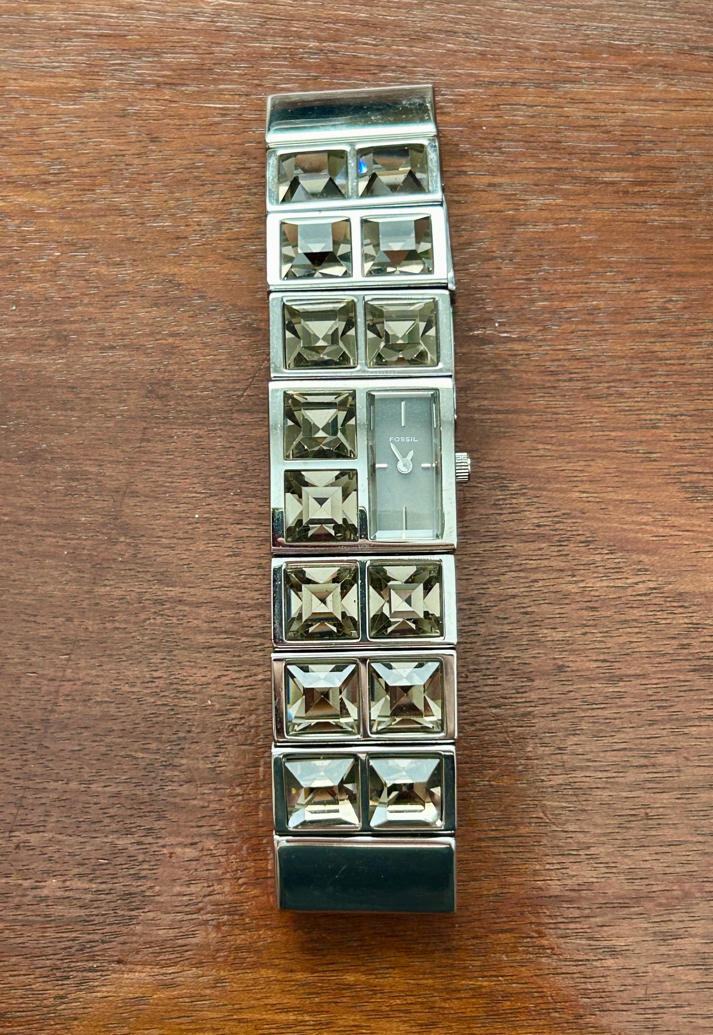 Fossil F2 Silver Tone Wide Square Rhinestone Champagne Gray Ladies Wristwatch