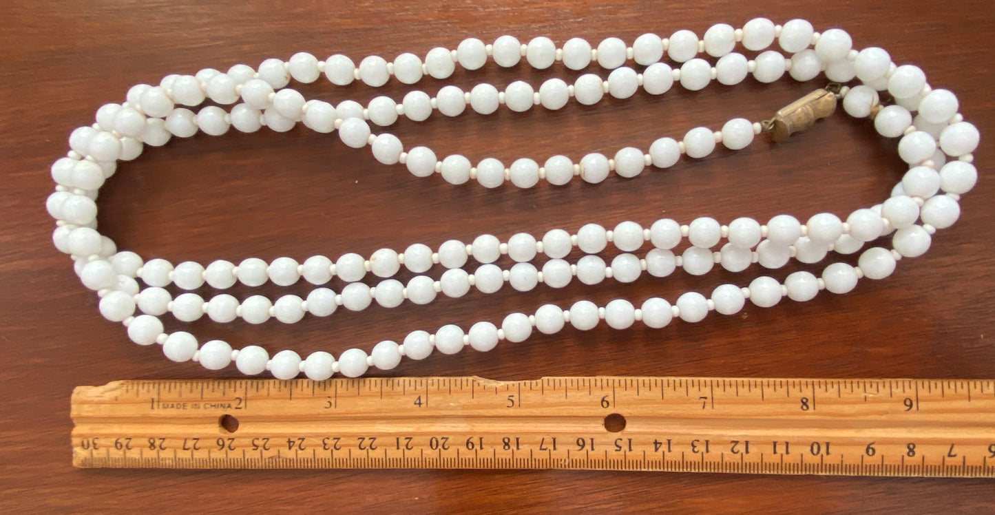 Vintage Milk Glass Opera Length Bead Necklace Bamboo Style Clasp