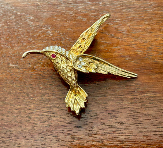 Vintage Gold Tone Rhinestone Red Eye Hummingbird Brooch Pin