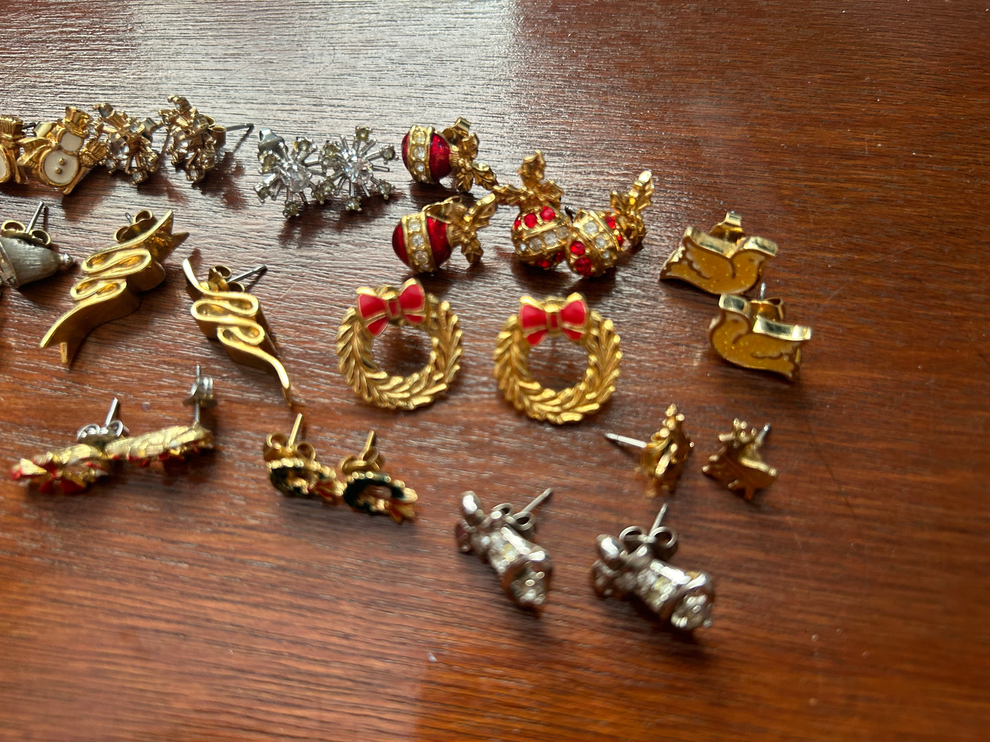 Vintage Lot of Pierced Stud Earrings Gold Silver Tone Red Enamel Bells Wreath