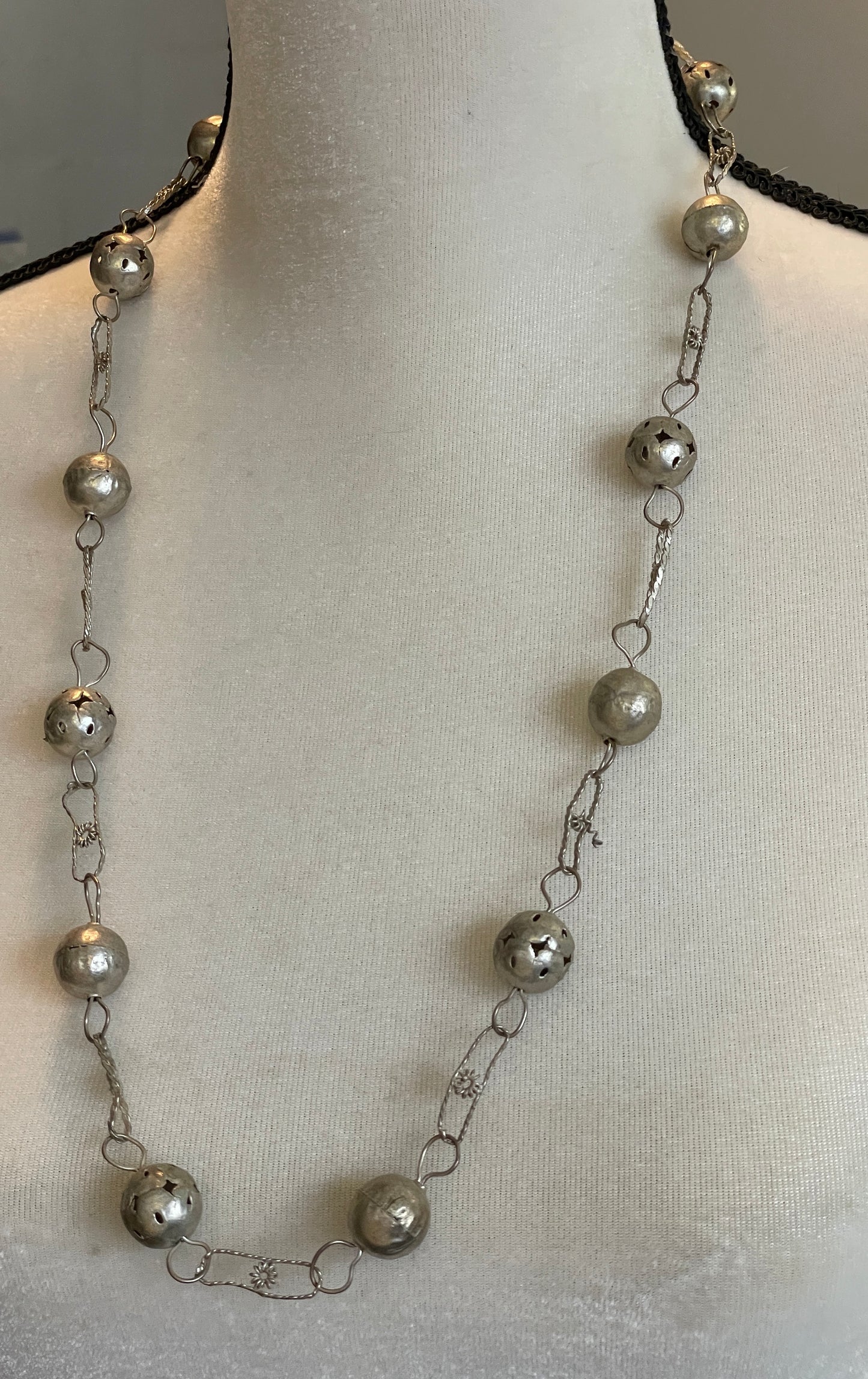 Vintage Long Silver Tone Chain & Ball Necklace Hook Style Clasp