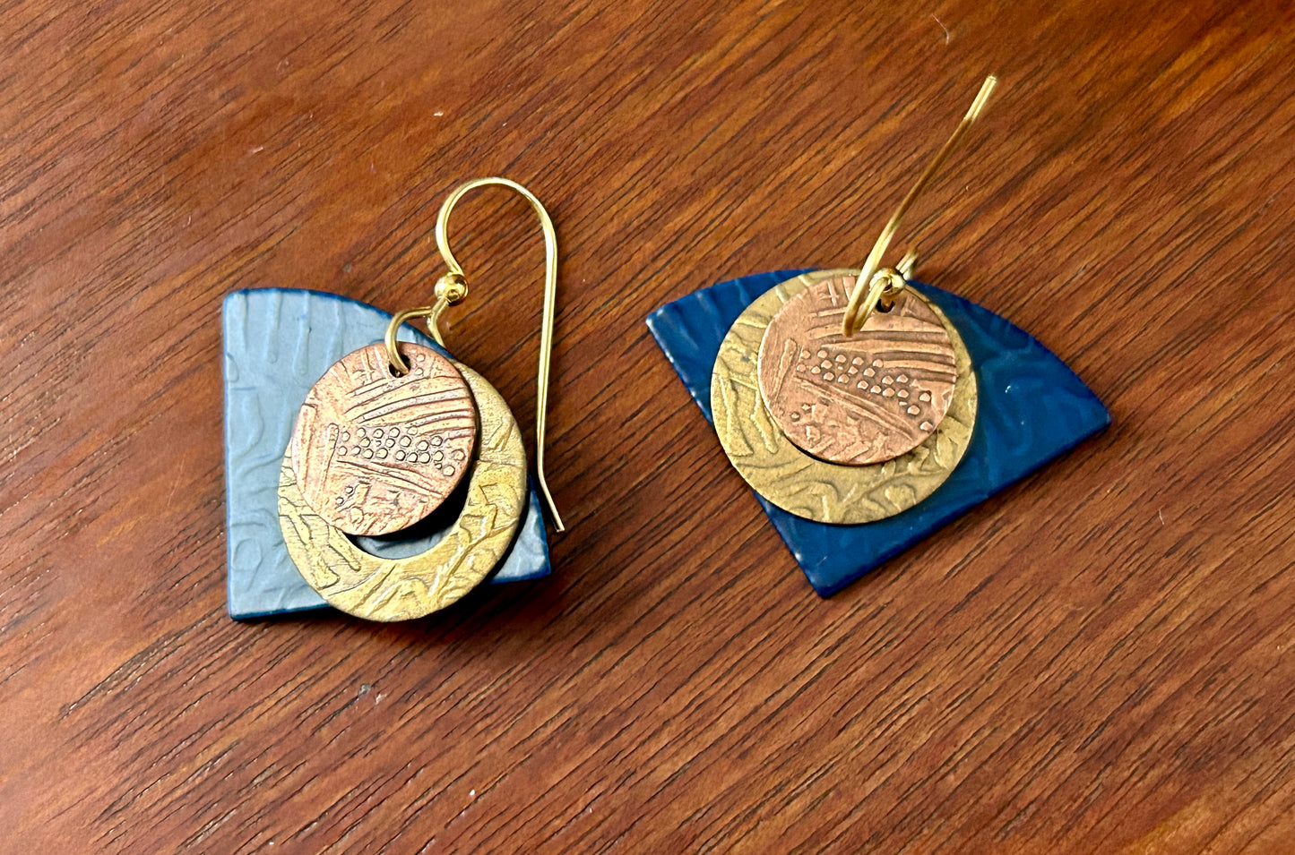 Contemporary Modern Brass Copper Blue Metal Dangly French Wire Earrings