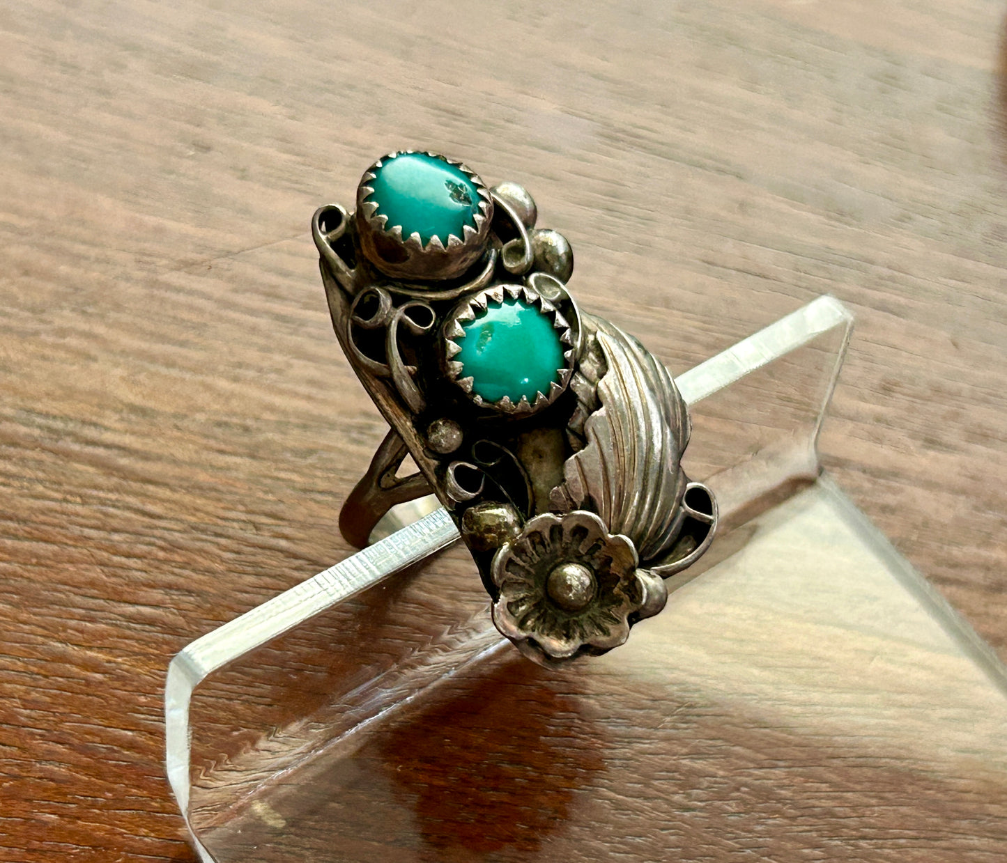 Native American Sterling Silver 925 Turquoise Ring Sz 7 Signed RHR Flower Motif