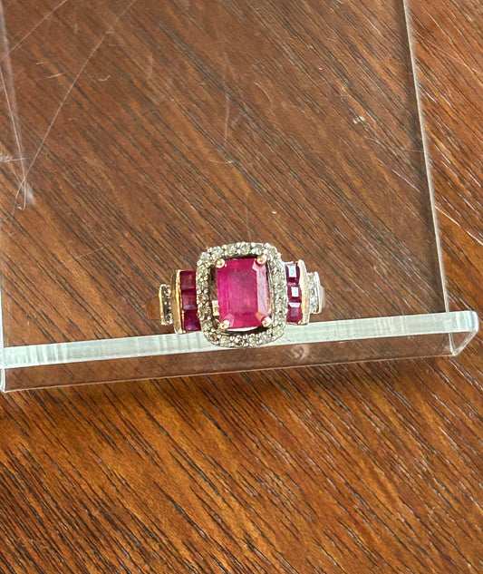14k Rose Gold Emerald Cut Red Ruby Diamond Halo Ring Sz 4.5