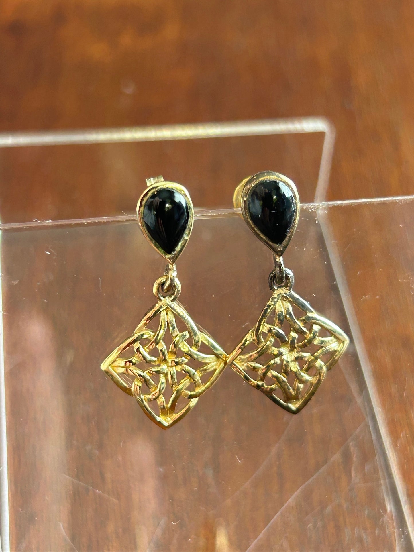 Gold Vermeil over Sterling Silver 925 Pear Shaped Onyx Dangly Drop Earrings