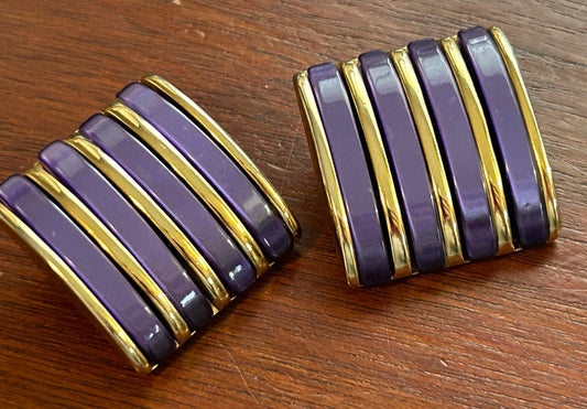 Vintage HUGE Gold Tone Purple Thermoset Clip on Earrings Square