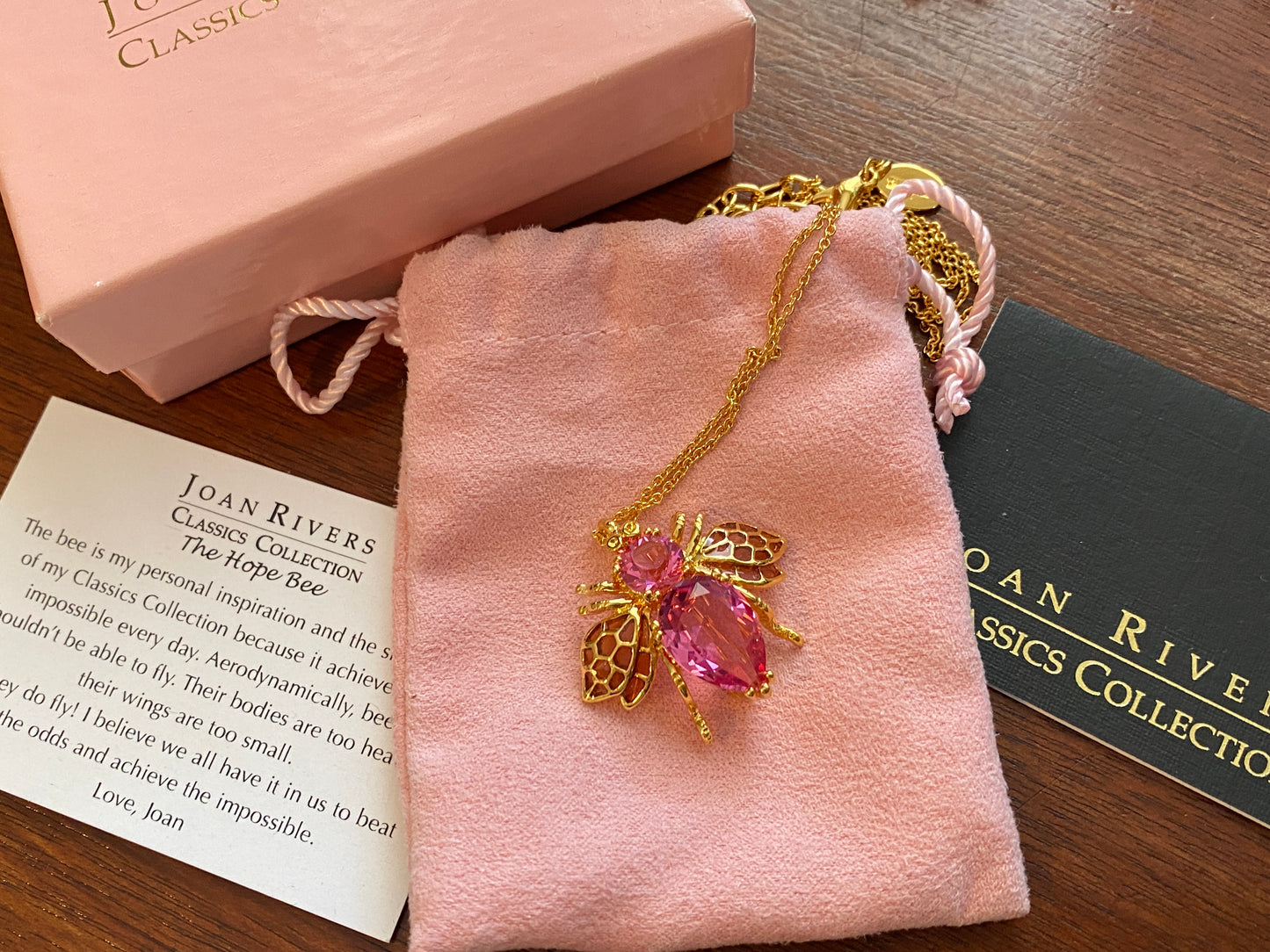 Joan Rivers Hope Bee Pink Crystal Brooch Pendant Necklace in Box