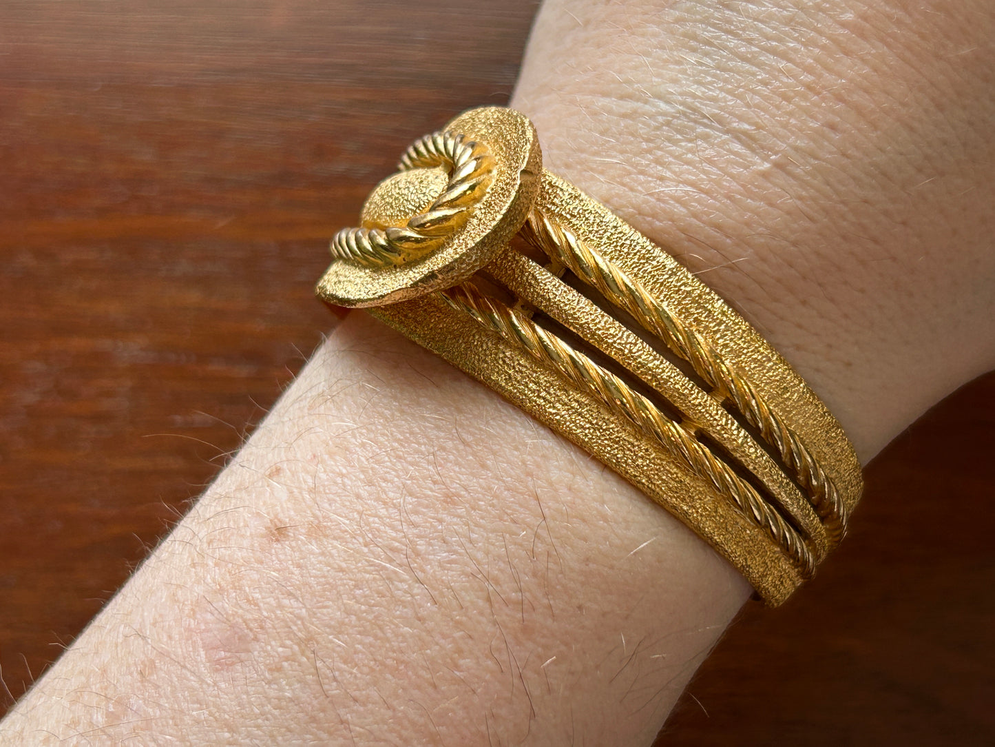 Vintage Crown Trifari Textured Brushed Gold Tone Clamper Bracelet