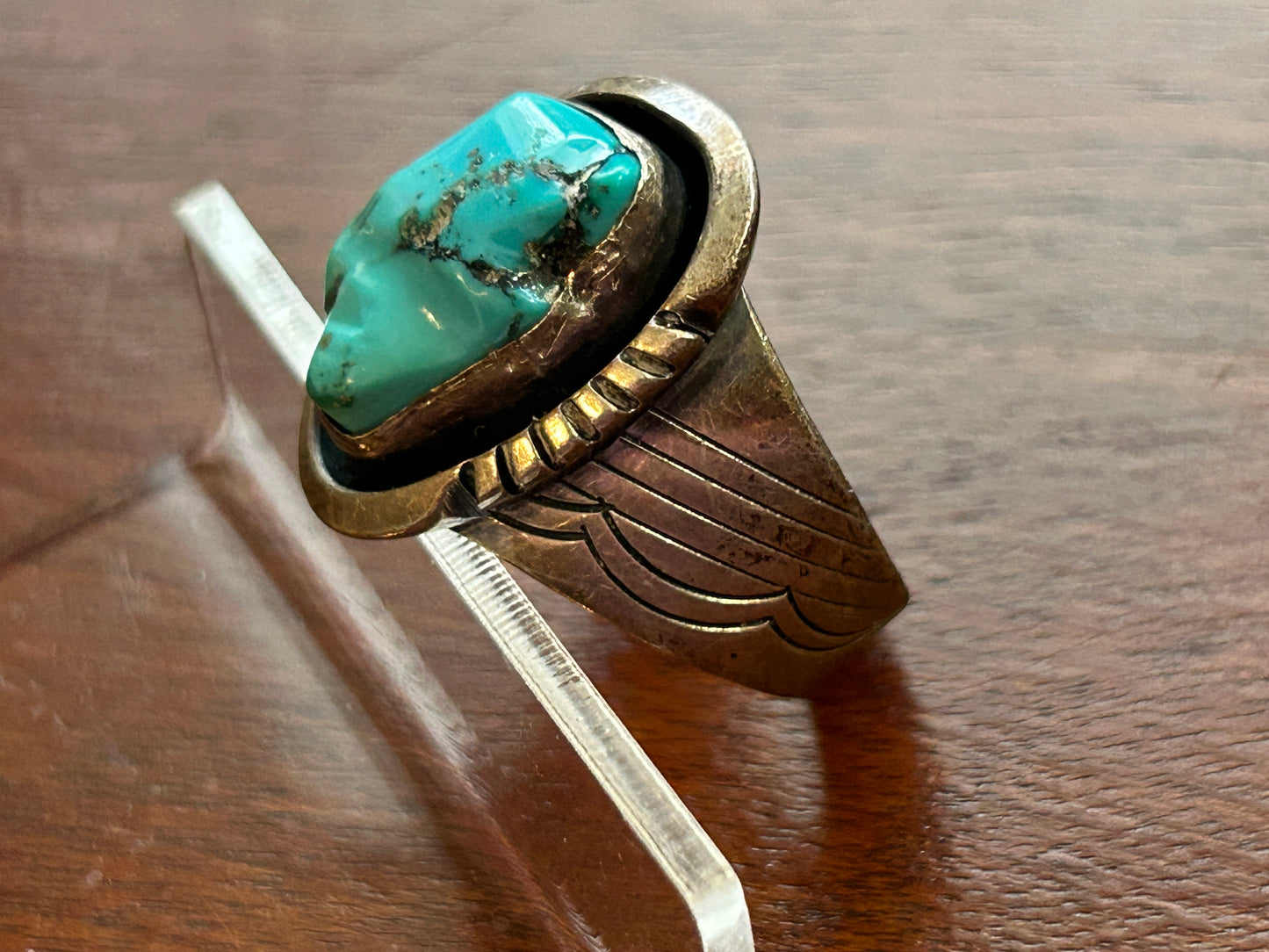 Vintage W Denetdale Navajo Mens Sterling Silver Turquoise Ring Sz 10.75