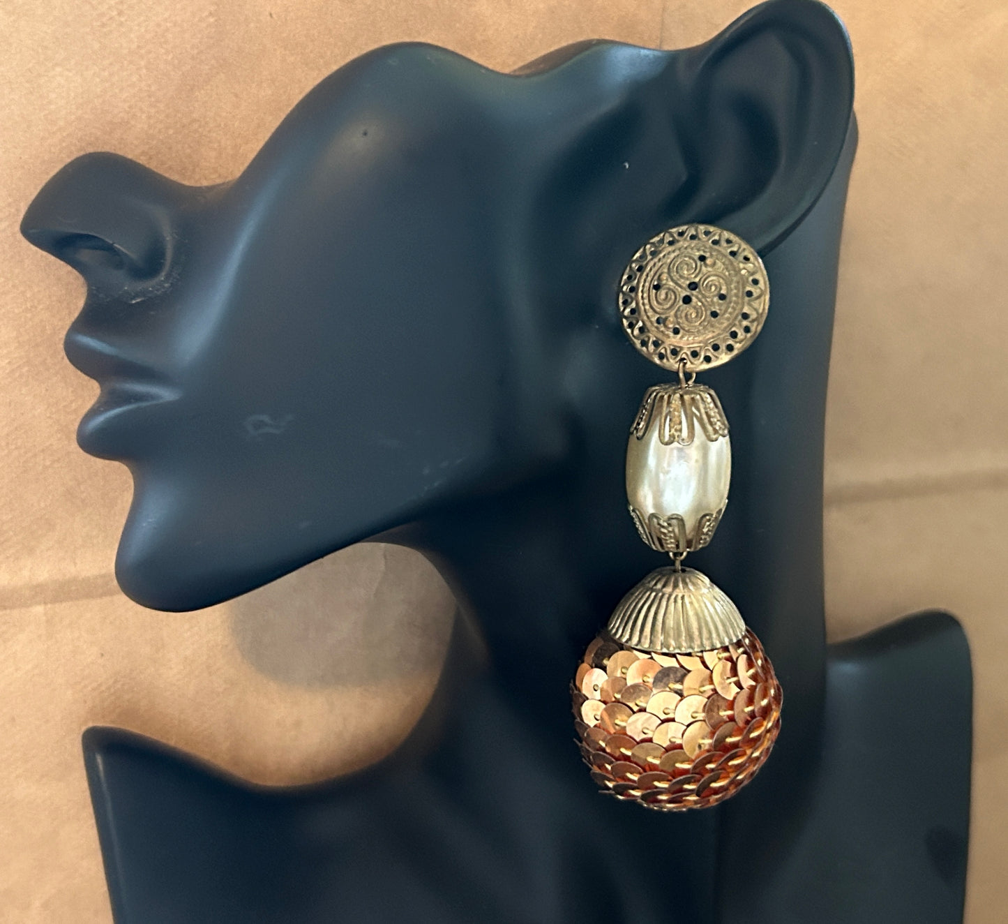 Vintage Brass Tone Sequin Bead Faux Pearl Massive Drop Pierced Earrings