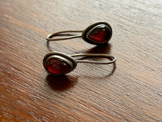 Sterling Silver 925 Red Stone Glass Drop Dangly Earrings