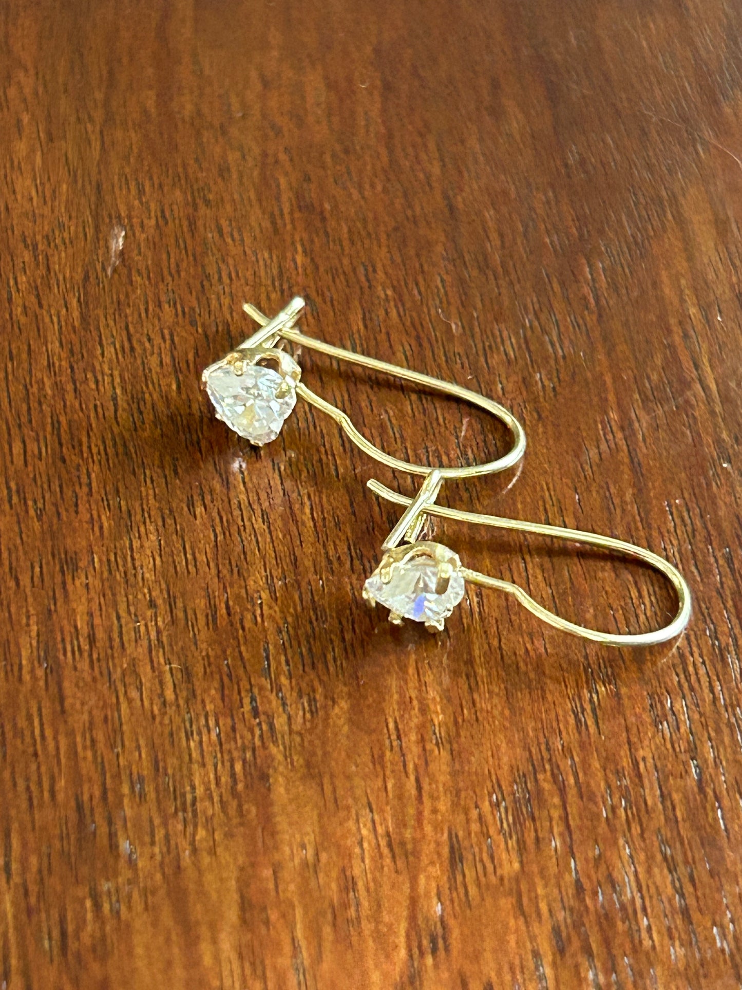 14k Yellow Gold Drop Dangly CZ Heart French Hook Earrings