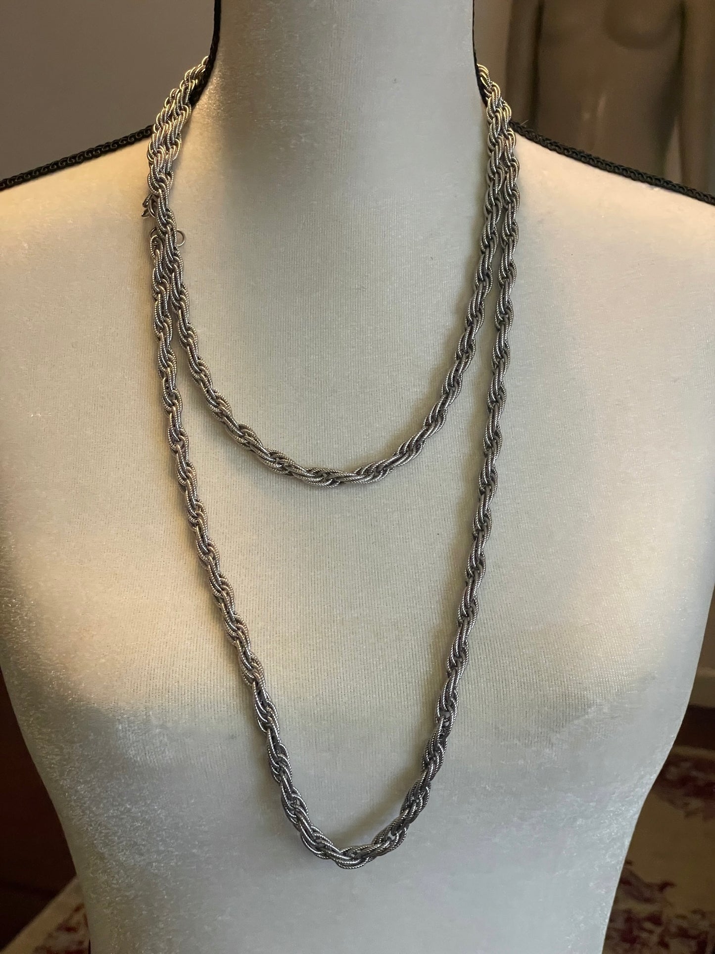 Vintage Monet Chunky Silvertone Opera Length Extra Long Necklace