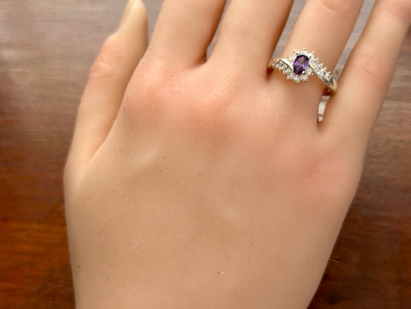 Silver Tone White Purple CZ Faux Amethyst Ring Sz 8.25