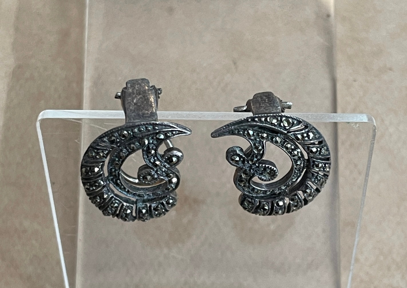 Sterling Silver 925 Marcasite Vintage Clip On Filigree Earrings