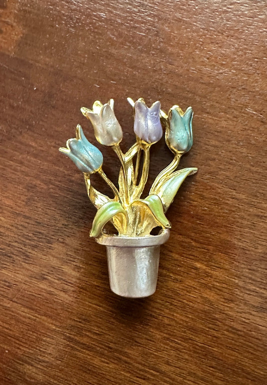 Vintage Gold Tone Metallic Enamel Tulip Flowers Pastel Colored Brooch Pin