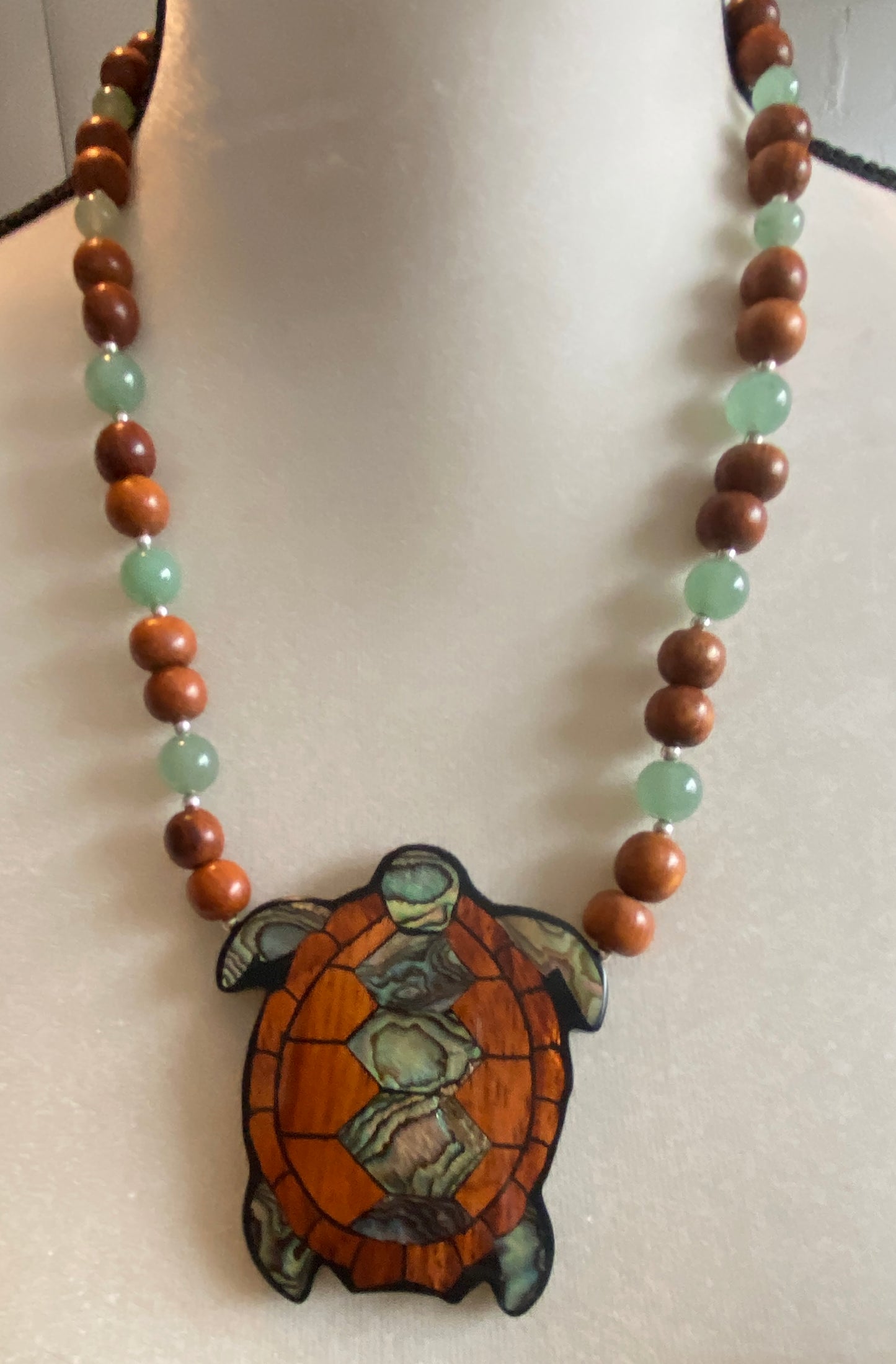 Lee Sands Wood Abalone Jade Bead Inlay Mosaic Sea Turtle Necklace