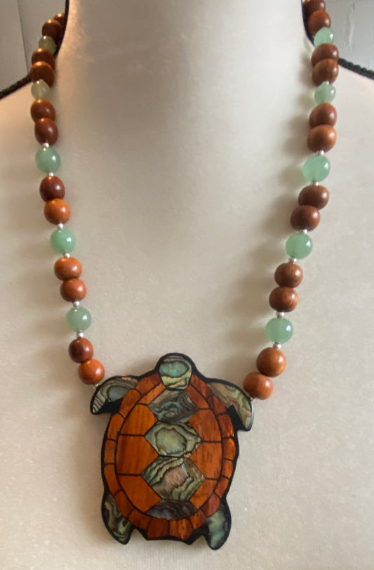 Lee Sands Wood Abalone Jade Bead Inlay Mosaic Sea Turtle Necklace