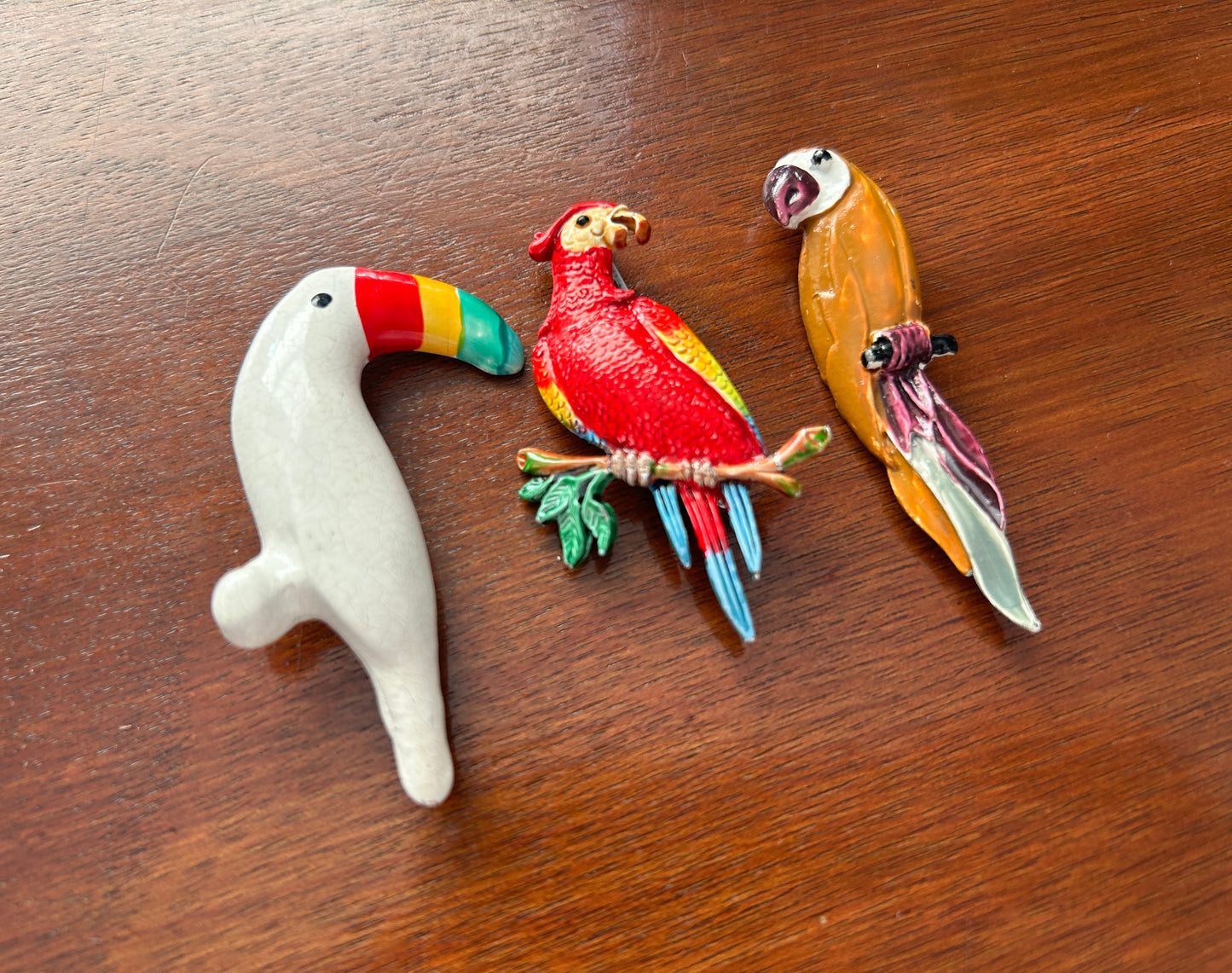 Lot Set of 3 Vintage Tropical Bird Brooches Enamel Plastic Brightly Colored