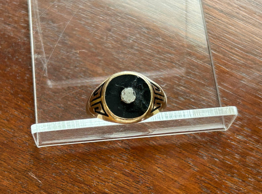 Vintage Mens 10k Yellow Gold Signed Ring Onyx Enamel Sz 8.25
