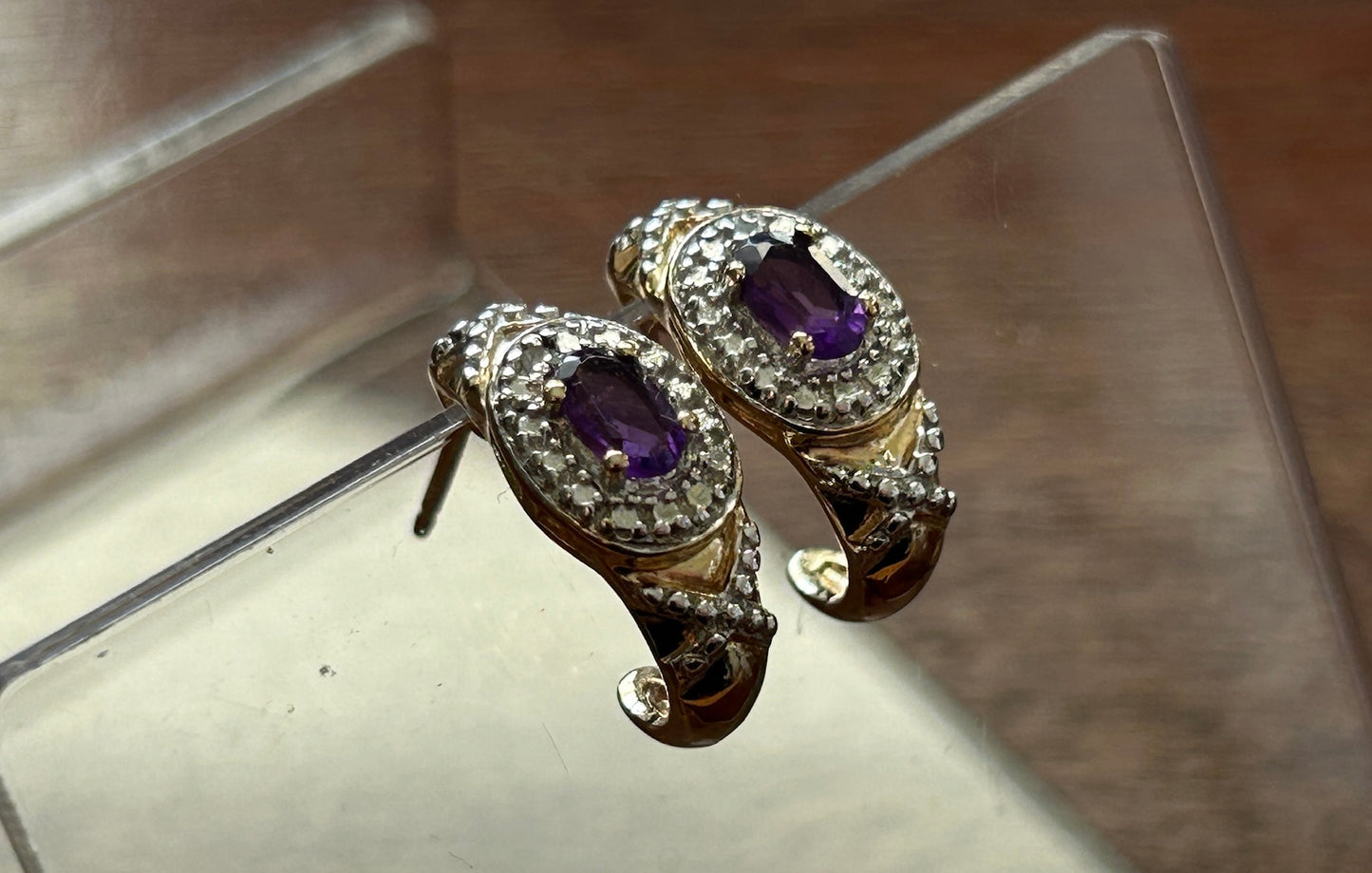 Gold Vermeil over Sterling Silver 925 Hoop Earrings Amethyst Diamond Accent