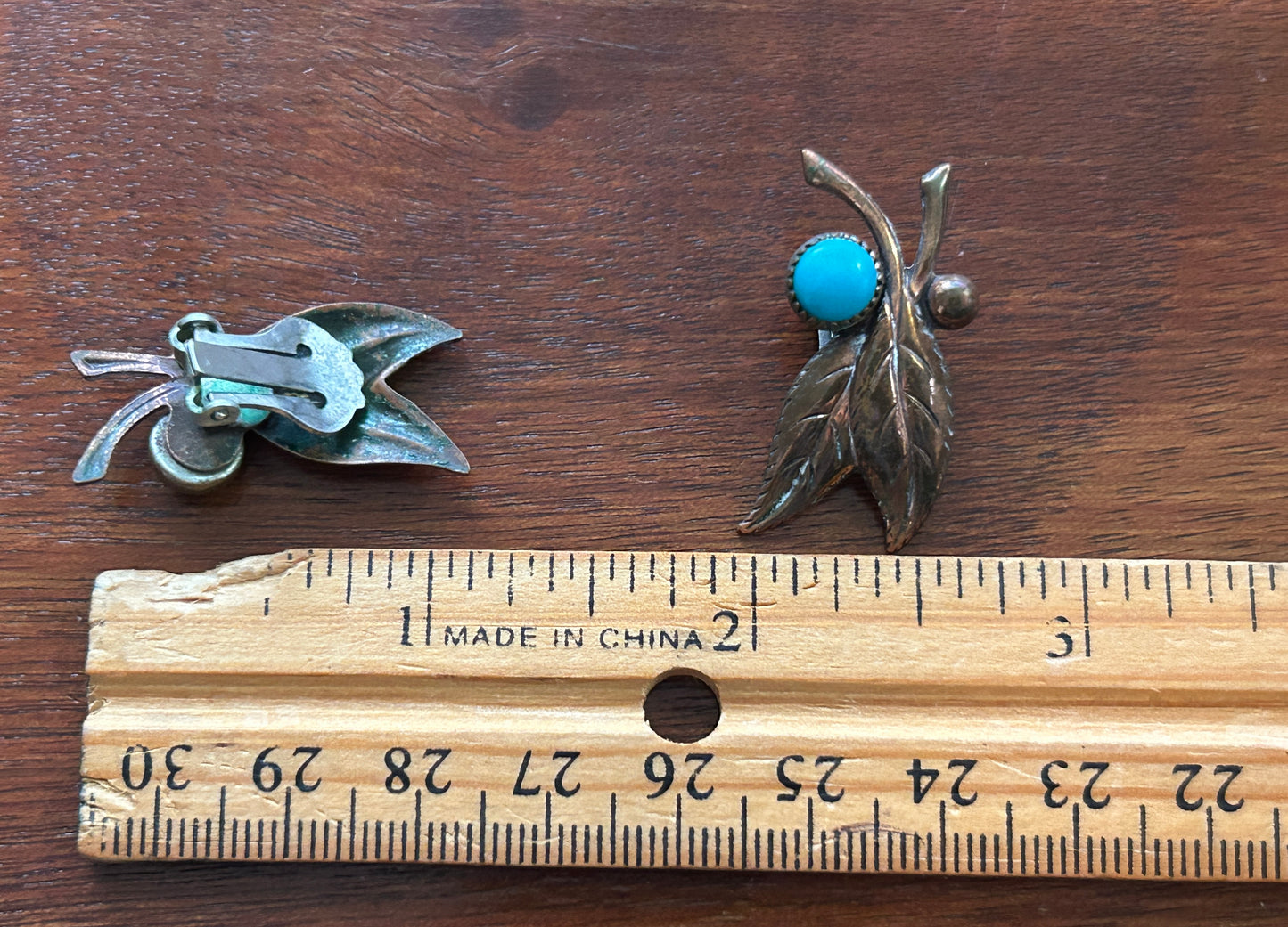 Vintage Copper Turquoise Cabochon Leaf Shaped Clip on Earrings