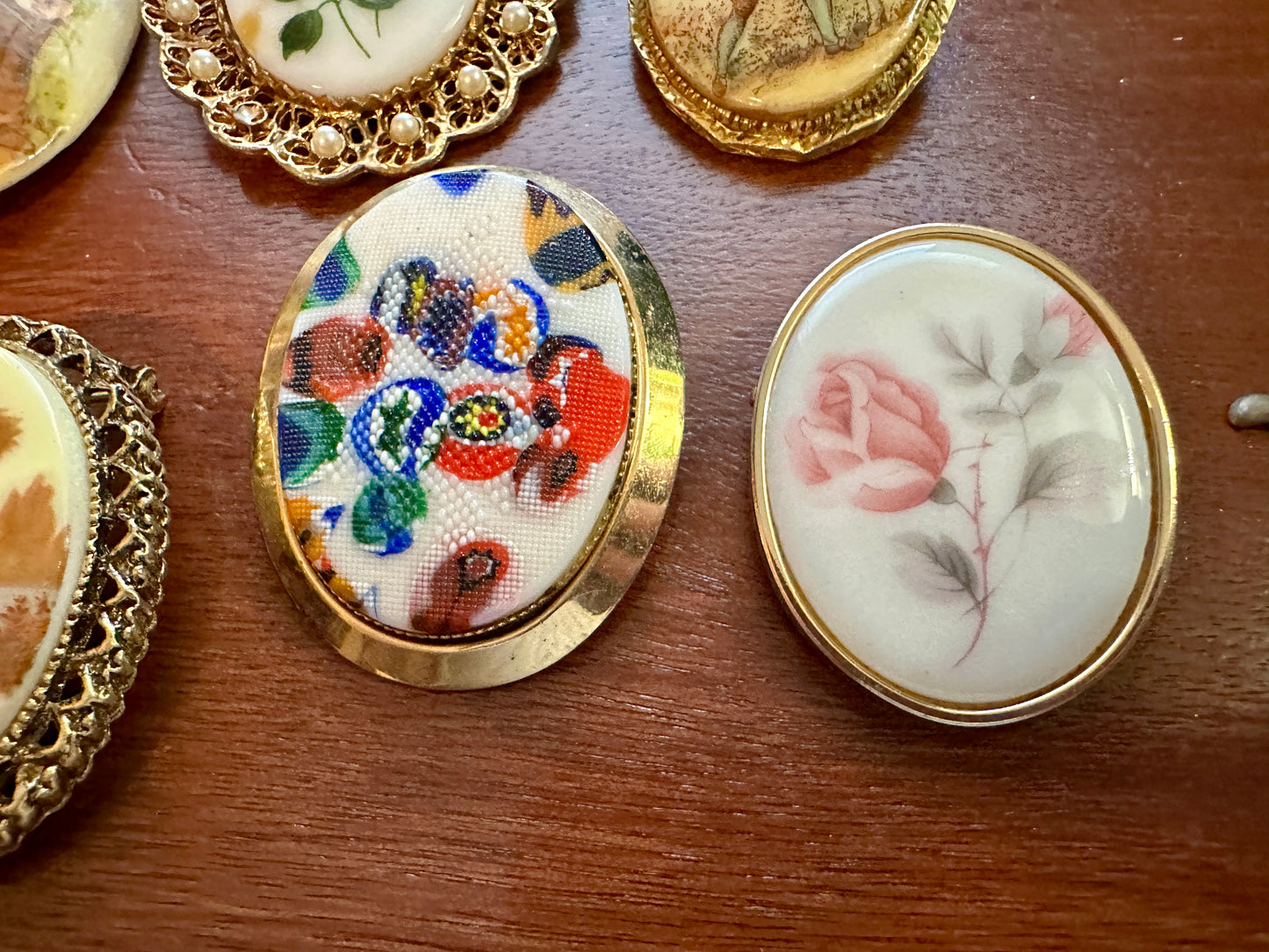 Vintage Victorian Style Portrait Regency Brooch Pin Lot Glass Painted Rose