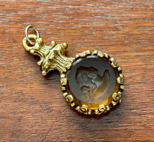 Vintage Gold Tone Open Bezel Amber Glass Intaglio Cameo Pendant