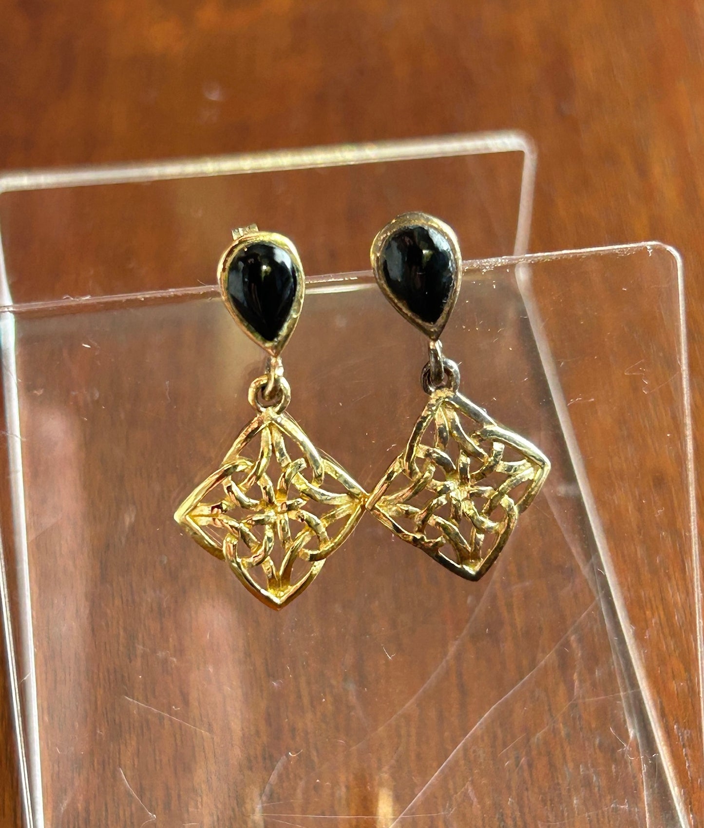 Gold Vermeil over Sterling Silver 925 Pear Shaped Onyx Dangly Drop Earrings
