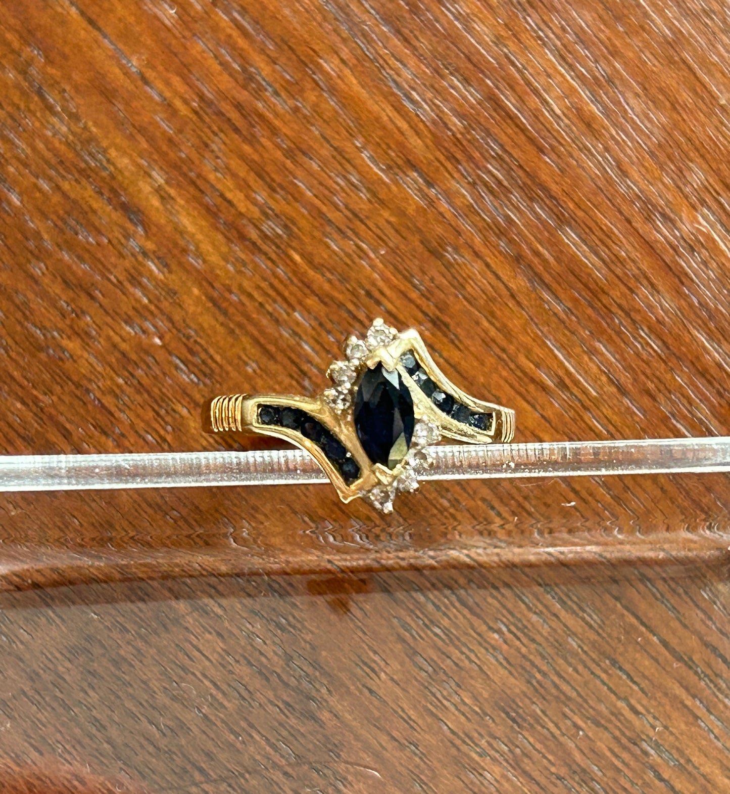 14k Yellow Gold Marquise Sapphire Diamond Accent Bypass Style Ring Sz 6