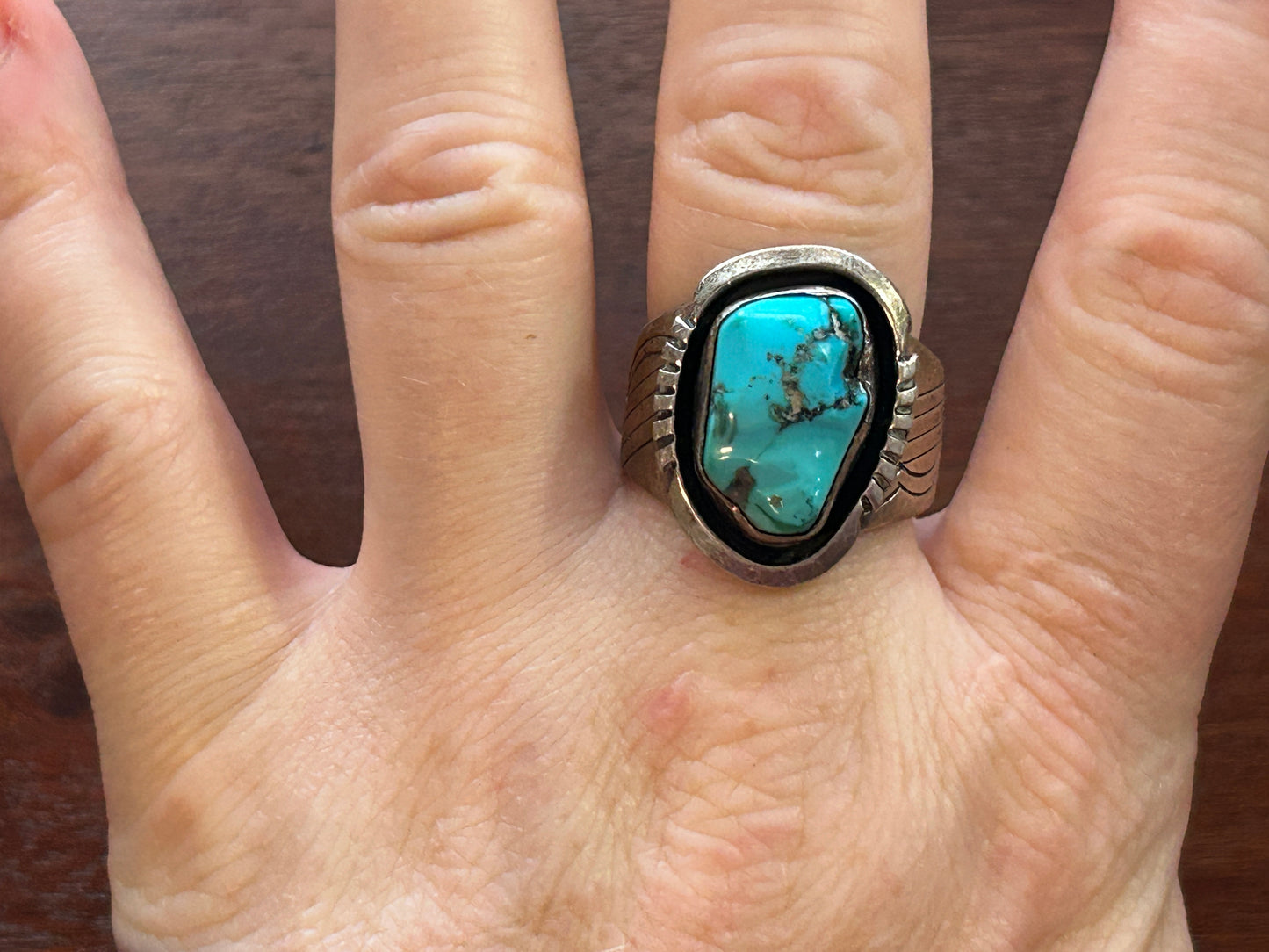 Vintage W Denetdale Navajo Mens Sterling Silver Turquoise Ring Sz 10.75