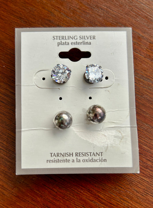 Sterling Silver 925 CZ Cubic Zirconia Ball Bead Stud Earrings NOS Set