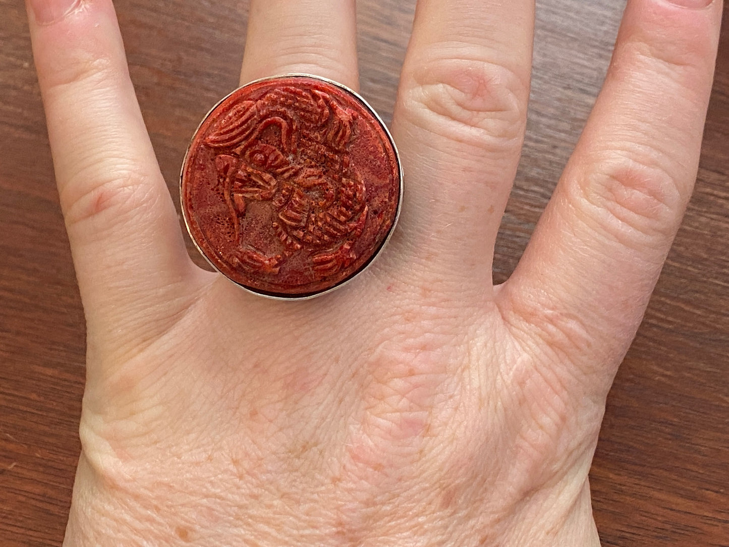 Sterling Silver 925 LARGE Carved Dragon Cinnabar Ring Sz 8.75