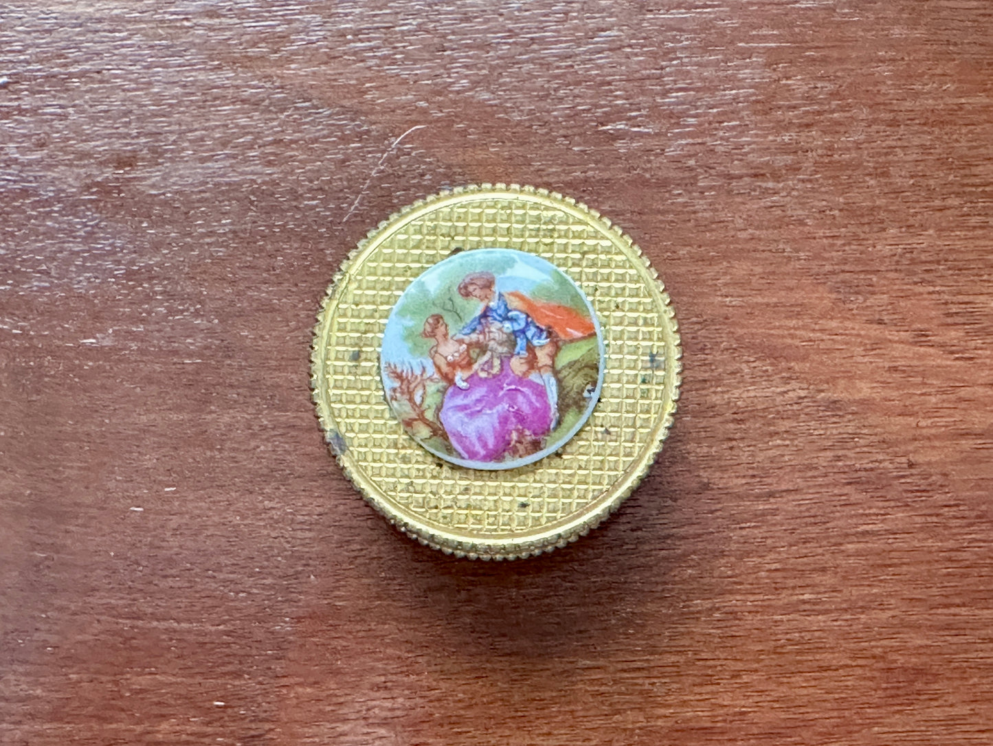 Vintage French Regency Gold Tone Painted Round Trinket Jewelry Box