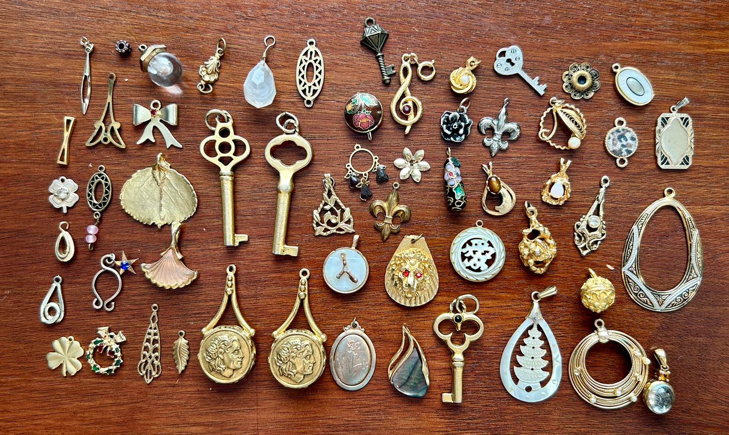 Vintage to Now Charm Pendant Lot Skeleton Key Cloissone MOP Crystal Thermoset