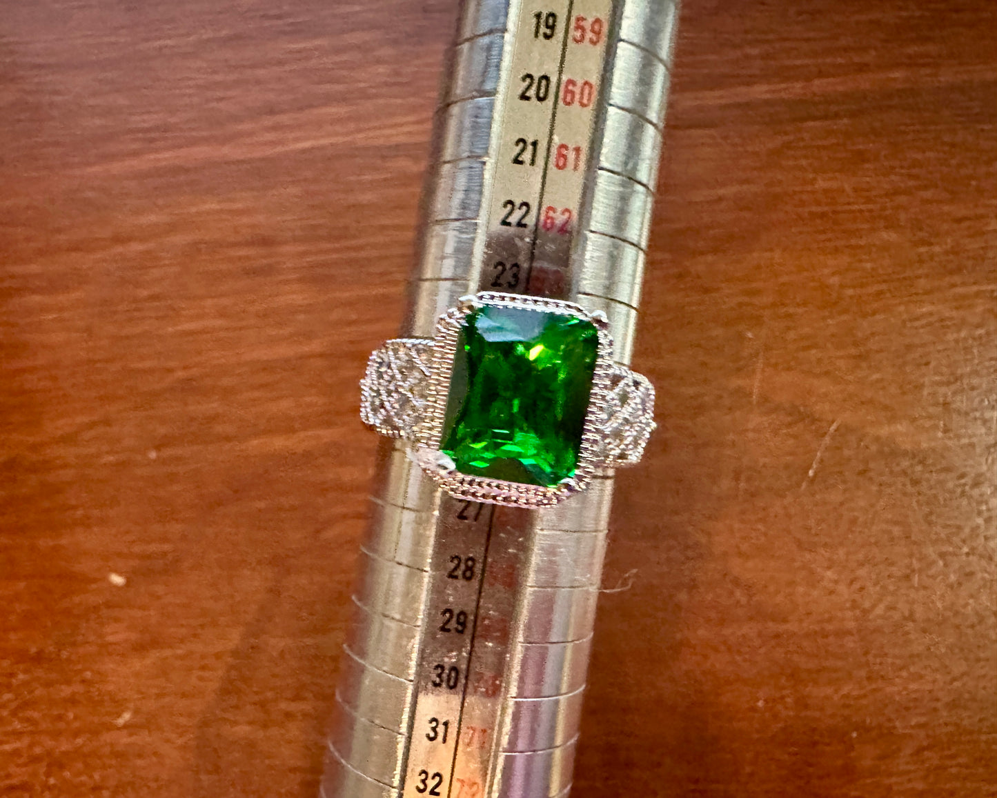 Silver Tone Emerald Cut Green Cubic Zirconia Ring Sz 11