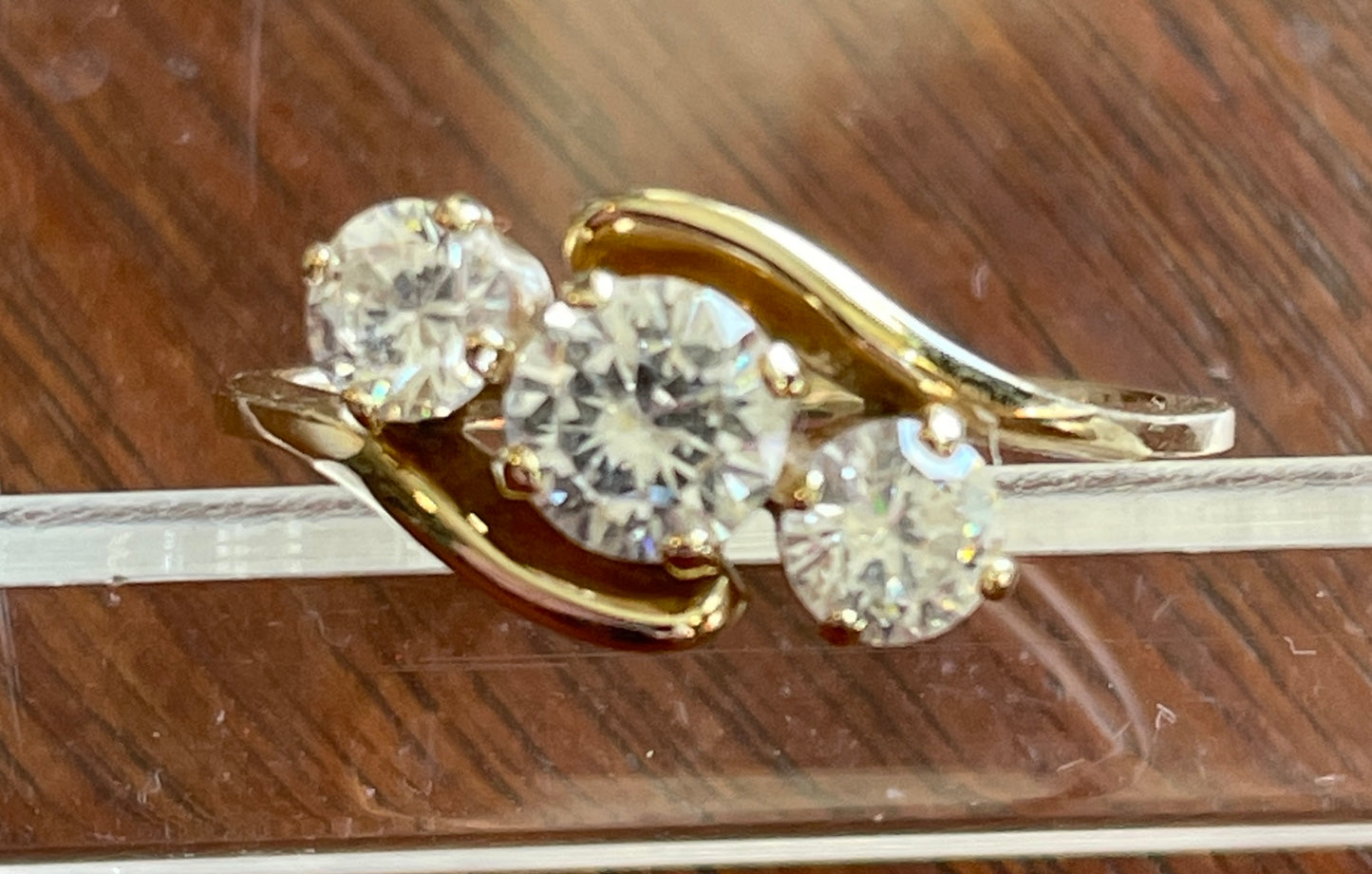 14k Yellow Gold Diamonique Cubic Zirconia 3 Stone Bypass Ring Sz 7