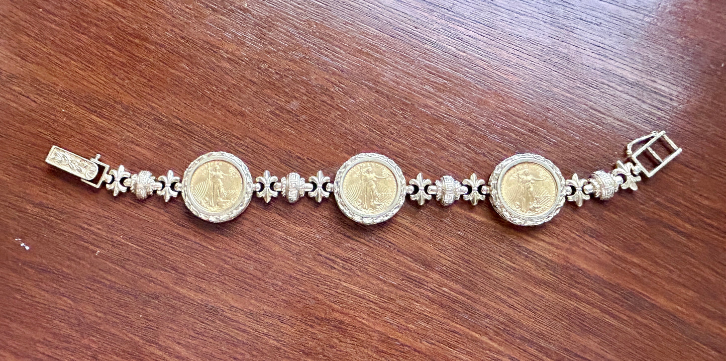14k Yellow Gold 2002 1/10oz Fine Gold Liberty Coin Bracelet Greek Fleur De Lis