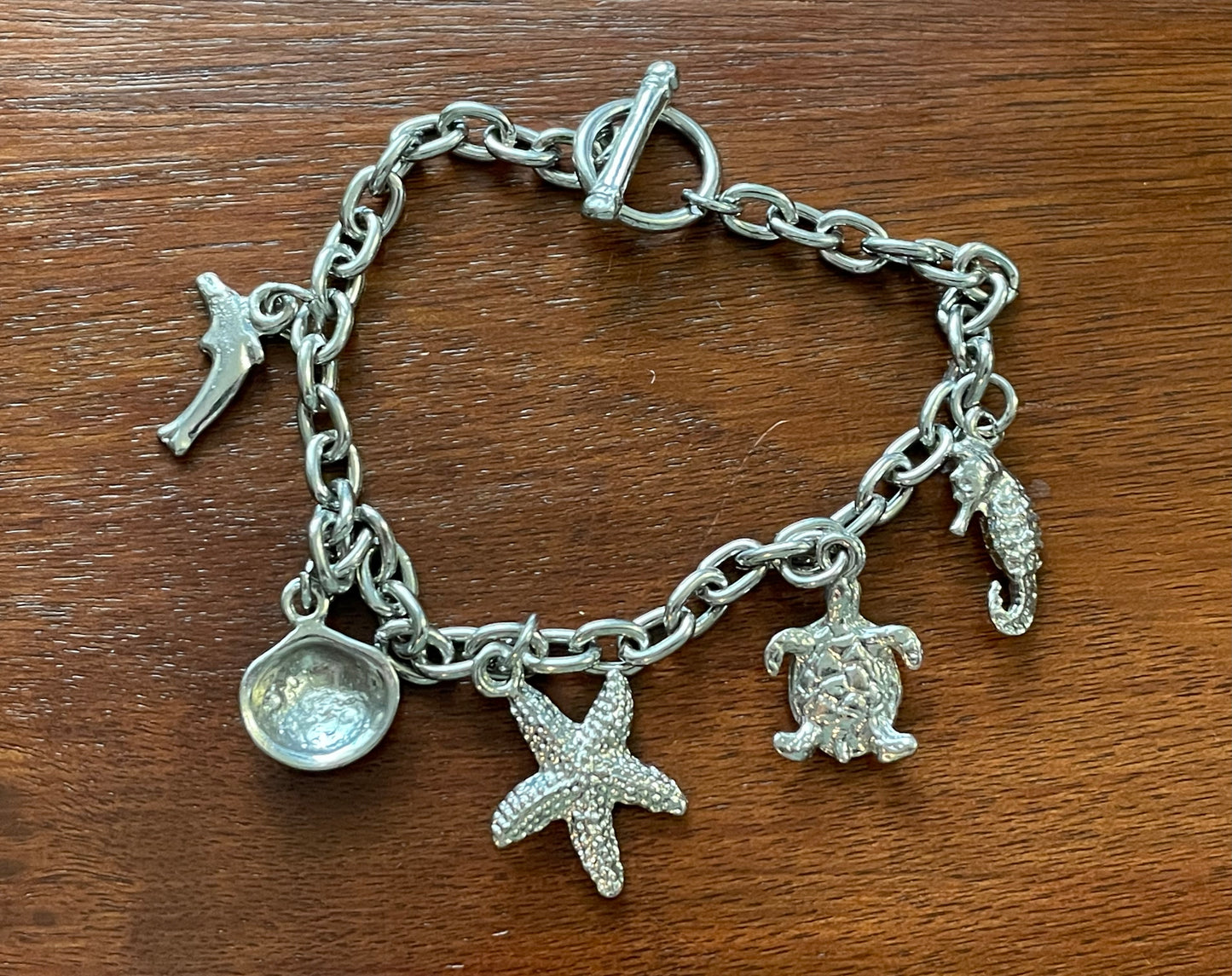 Vintage Silver Tone Charm Bracelet Sea Turtles Starfish Shells