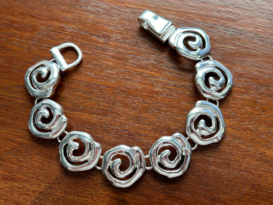 Vintage Silver Tone Spiral Panel Link Bracelet Magnetic Clasp