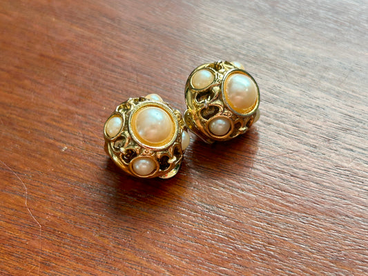 Vintage Gold Tone Faux Pearl Domed Clip On Earrings