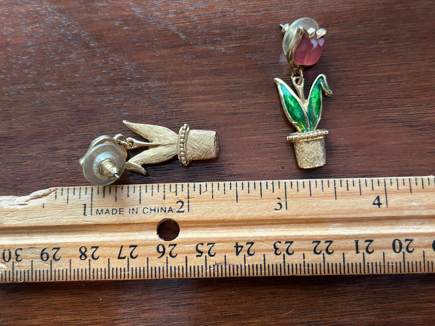 Vintage Avon Dangly Drop Gold Tone Green Pink Lucite Flower Pot Pierced Earrings