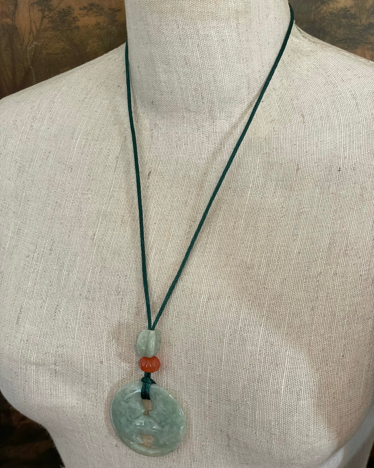 Carved Jade Agate Bead Silk Cord Necklace Moon