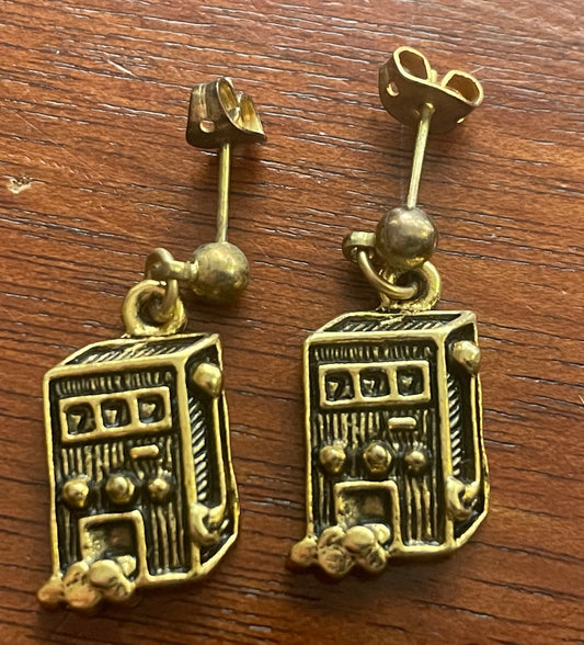 Vintage Gold Tone Slot Machine Post Back Earrings