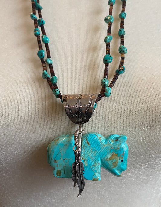 Sterling Silver 925 Heist Bead Carved Turquoise Buffalo Necklace