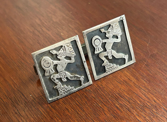 Vintage Designer RM Sterling Silver 925 Aztec Mayan Warrior Relief Cuff Links