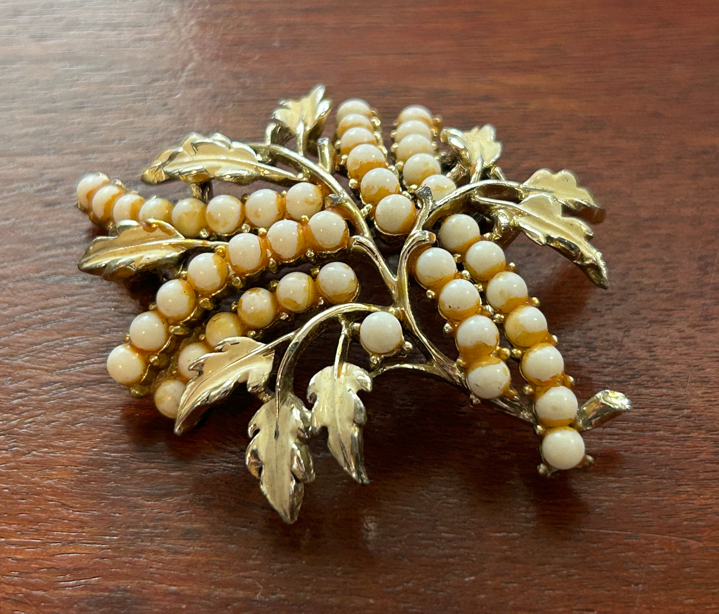 Vintage Signed Gold Tone White Bead Brooch Pin